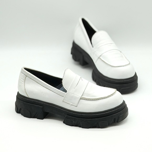 Silent D Shoes - SILENT D Coralie Chunky Loafers Women 40 White Lug Sole Heel Leather Penny